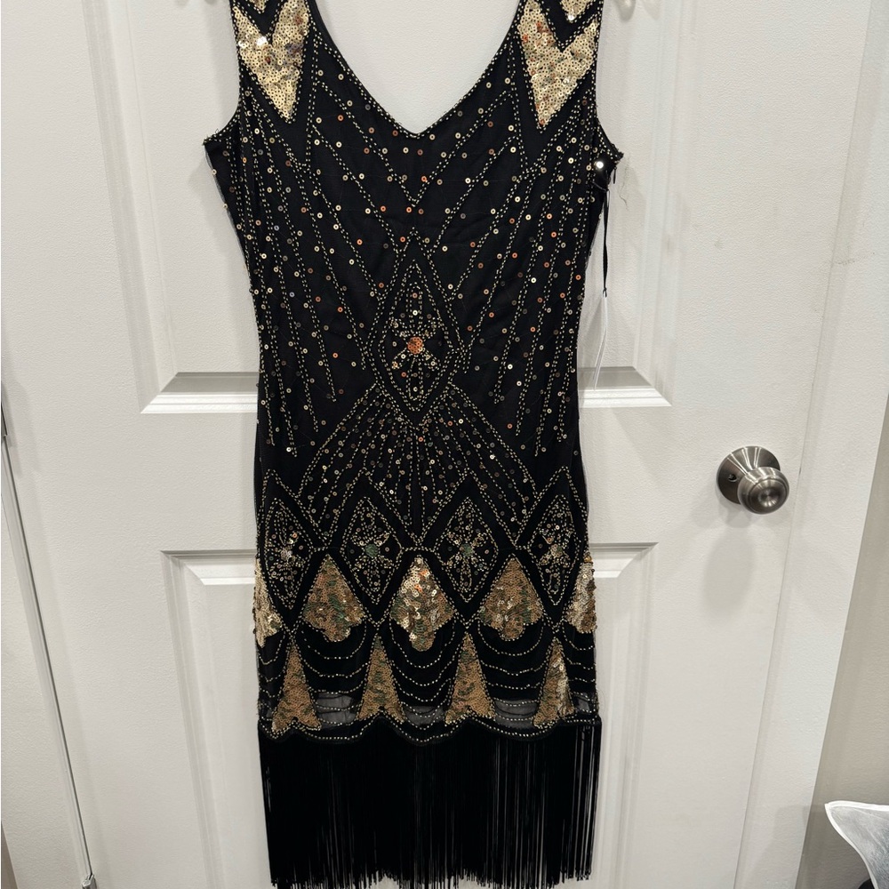 Unique Vintage Black and Gold Beaded Mini Dress